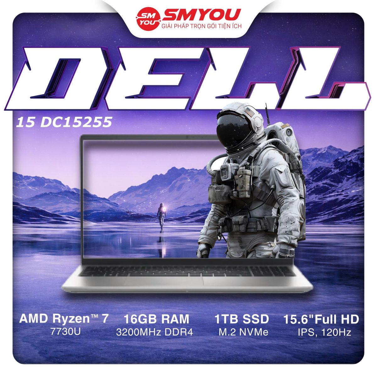 Laptop Dell 15 DC15255 - X9YM41 (Ryzen 7 7730U/ 16GB/ 1TB/ Win 11